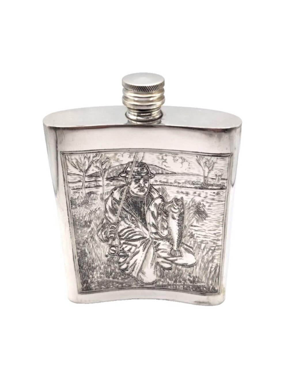 Sheffield Pewterware Flask Fisherman Theme Made in England Screw Top 4x3.25x1"